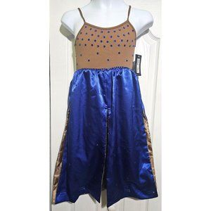 Bloch Dance Costume Leotard Dress Satin Gaucho Blue Rhinestone Child 8-10 NEW